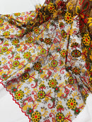 Floral Multi-Color Lace Fabric - Red / Yellow / Green on Black - Embroidered Design Lace By Yard