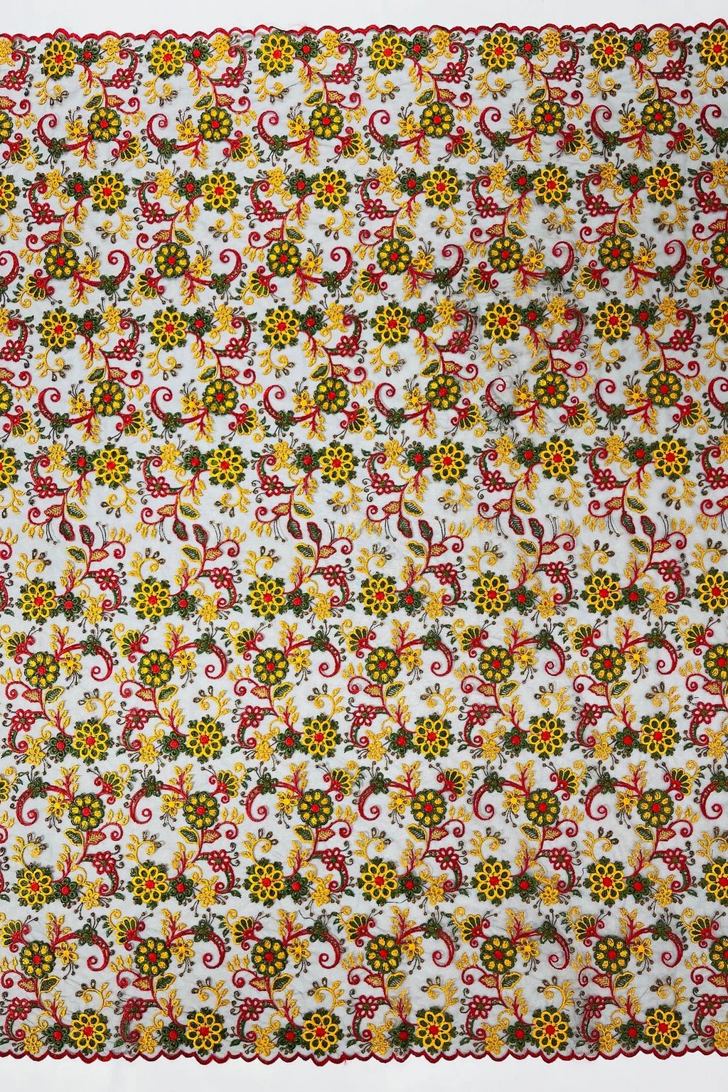 Floral Multi-Color Lace Fabric - Red / Yellow / Green on Black - Embroidered Design Lace By Yard