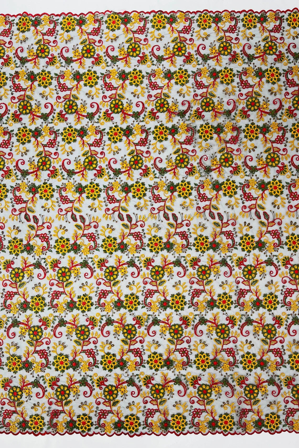 Floral Multi-Color Lace Fabric - Red / Yellow / Green on Black - Embroidered Design Lace By Yard