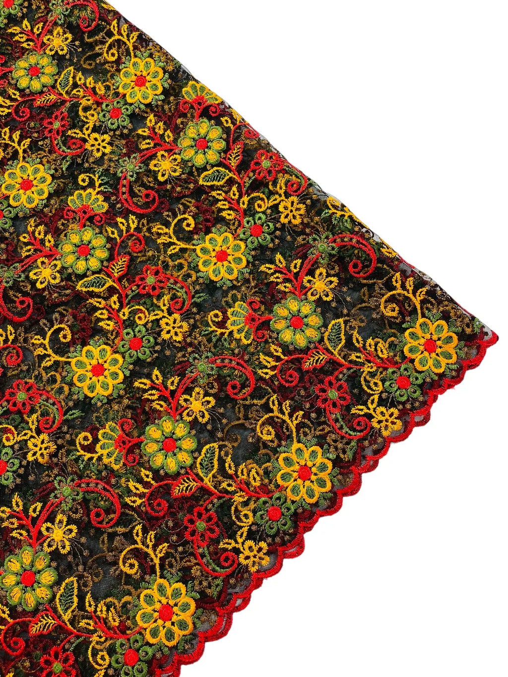 Floral Multi-Color Lace Fabric - Red / Yellow / Green on Black - Embroidered Design Lace By Yard
