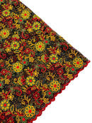 Floral Multi-Color Lace Fabric - Red / Yellow / Green on Black - Embroidered Design Lace By Yard
