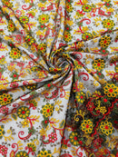 Floral Multi-Color Lace Fabric - Red / Yellow / Green on Black - Embroidered Design Lace By Yard
