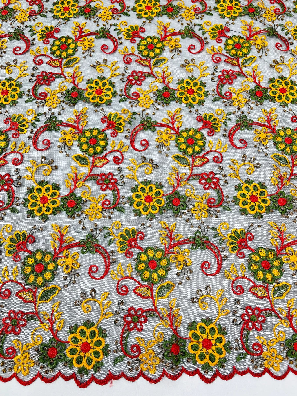 Floral Multi-Color Lace Fabric - Red / Yellow / Green on Black - Embroidered Design Lace By Yard