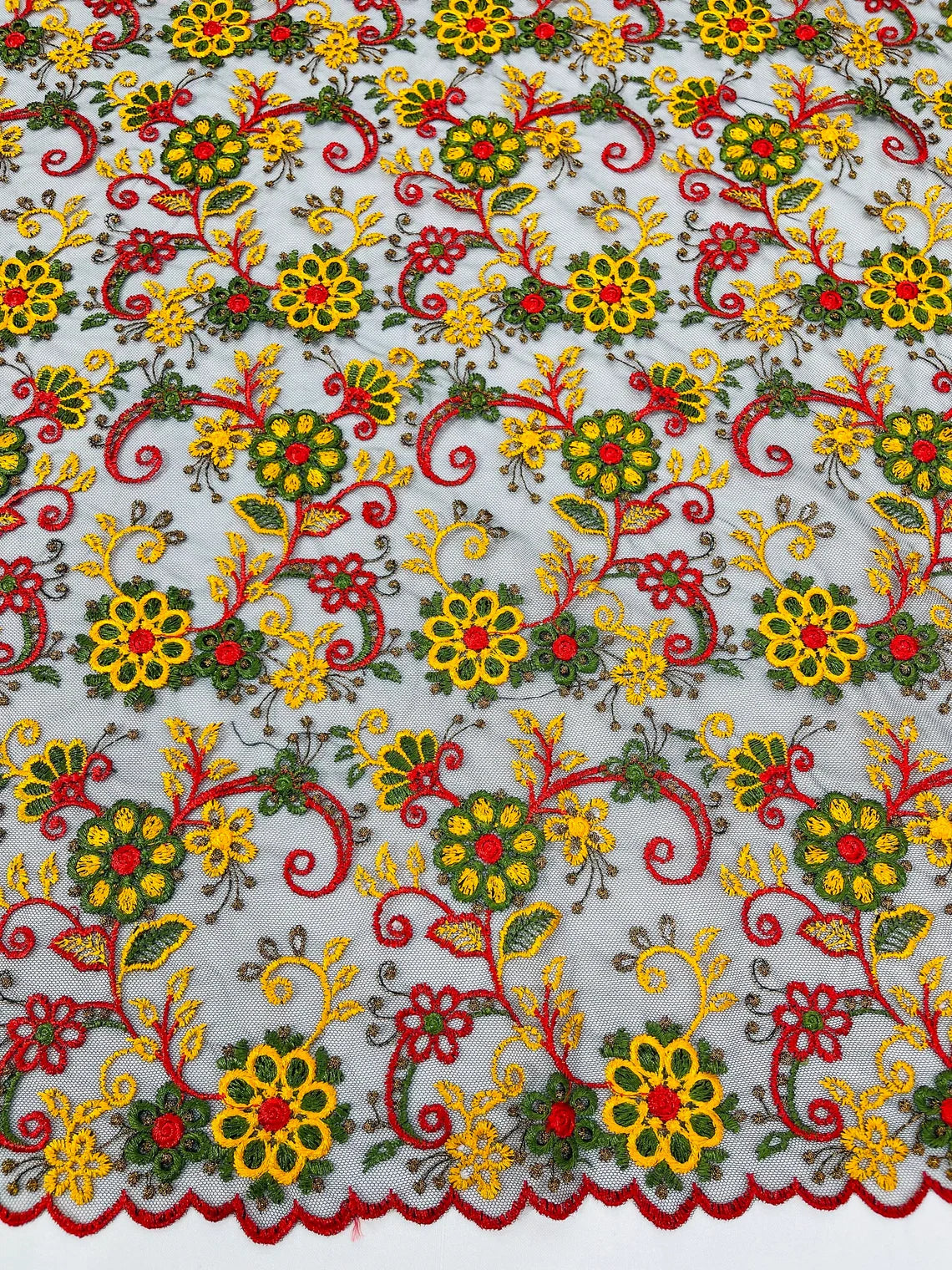 Floral Multi-Color Lace Fabric - Red / Yellow / Green on Black - Embroidered Design Lace By Yard