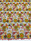 Floral Multi-Color Lace Fabric - Red / Yellow / Green on Black - Embroidered Design Lace By Yard