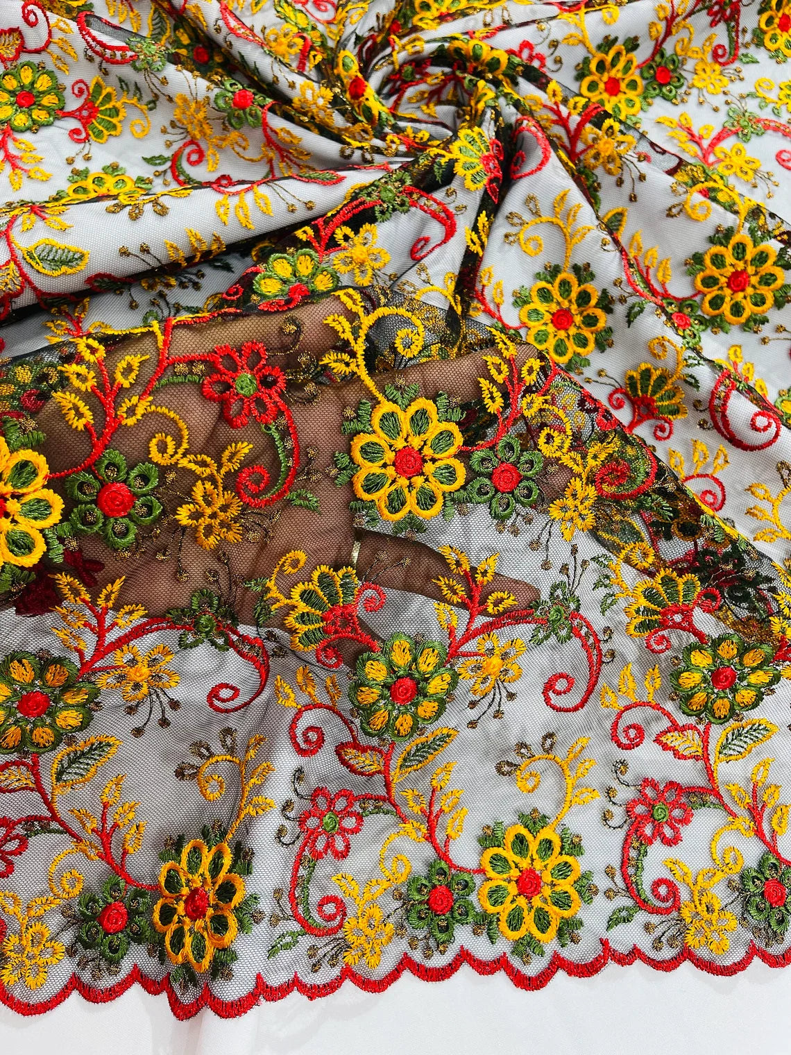 Floral Multi-Color Lace Fabric - Red / Yellow / Green on Black - Embroidered Design Lace By Yard