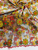 Floral Multi-Color Lace Fabric - Red / Yellow / Green on Black - Embroidered Design Lace By Yard