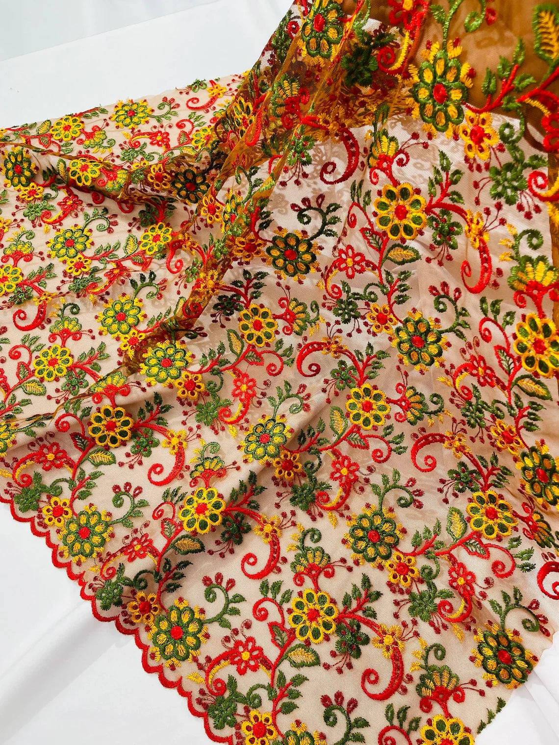 Floral Multi-Color Lace Fabric - Red / Yellow / Green on Red - Embroidered Design Lace By Yard