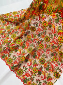 Floral Multi-Color Lace Fabric - Red / Yellow / Green on Red - Embroidered Design Lace By Yard