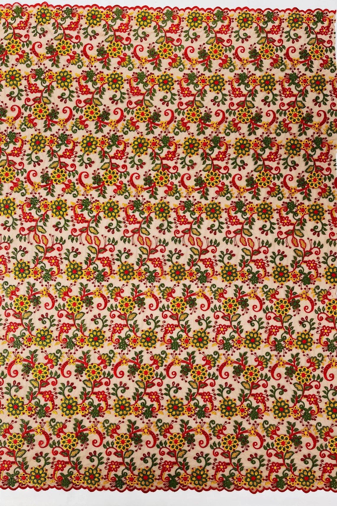 Floral Multi-Color Lace Fabric - Red / Yellow / Green on Red - Embroidered Design Lace By Yard