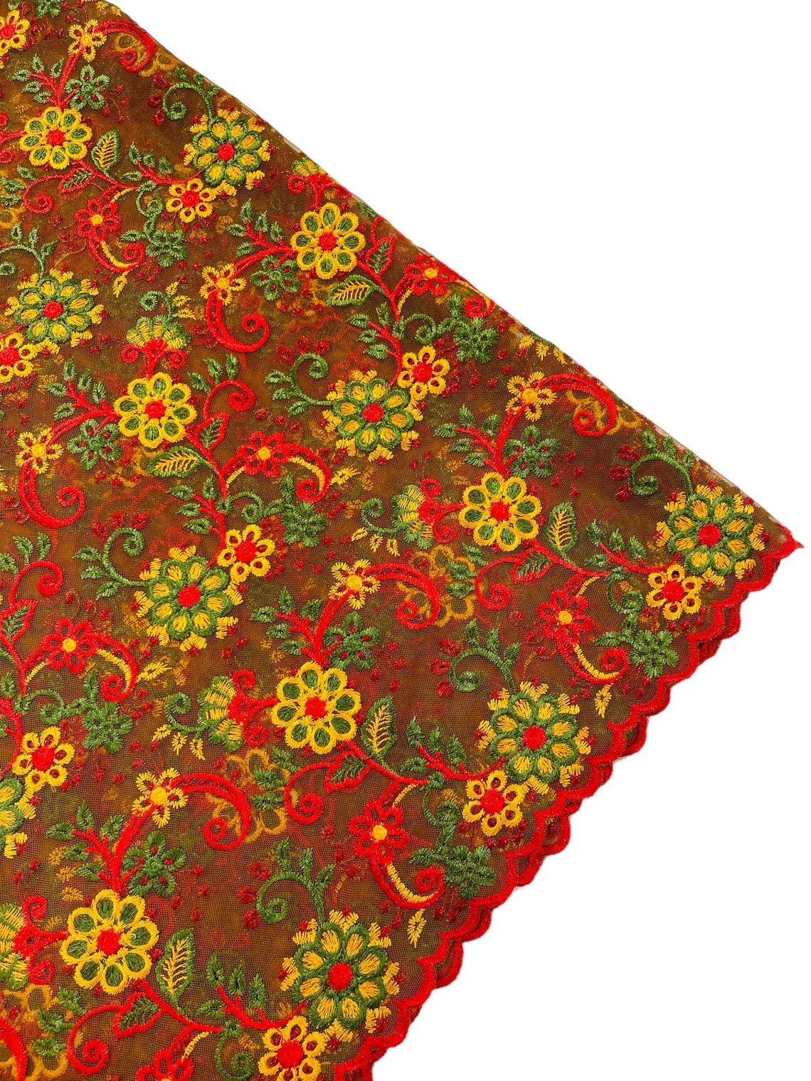 Floral Multi-Color Lace Fabric - Red / Yellow / Green on Red - Embroidered Design Lace By Yard