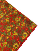Floral Multi-Color Lace Fabric - Red / Yellow / Green on Red - Embroidered Design Lace By Yard
