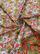 Floral Multi-Color Lace Fabric - Red / Yellow / Green on Red - Embroidered Design Lace By Yard