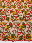 Floral Multi-Color Lace Fabric - Red / Yellow / Green on Red - Embroidered Design Lace By Yard