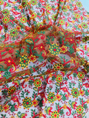 Floral Multi-Color Lace Fabric - Red / Yellow / Green on Red - Embroidered Design Lace By Yard