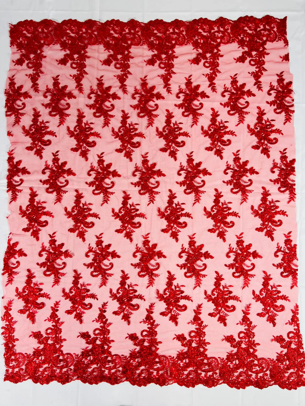 Lace Flower Cluster Fabric - Red - Embroidered Flower With Sequins on a Mesh Lace Fabric By Yard