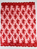Lace Flower Cluster Fabric - Red - Embroidered Flower With Sequins on a Mesh Lace Fabric By Yard