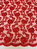 Embroidered Flower Lace - Red - Corded Floral Lace With Sequins Sold By Yard