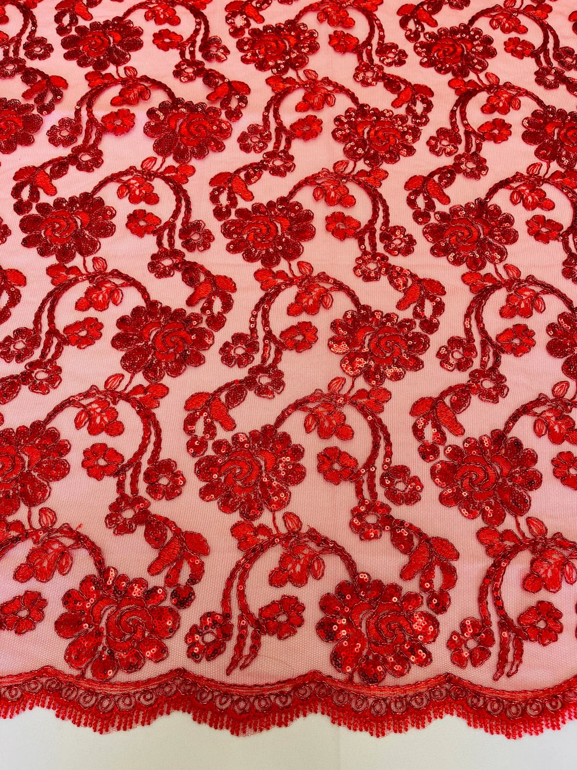 Embroidered Flower Lace - Red - Corded Floral Lace With Sequins Sold By Yard
