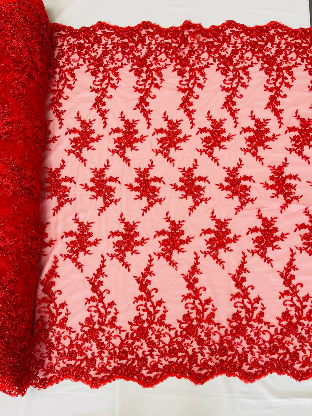 Beaded Floral Cluster - Red - Fancy Embroidered Glamorous Floral Design Sold by Yard
