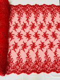 Beaded Floral Cluster - Red - Fancy Embroidered Glamorous Floral Design Sold by Yard