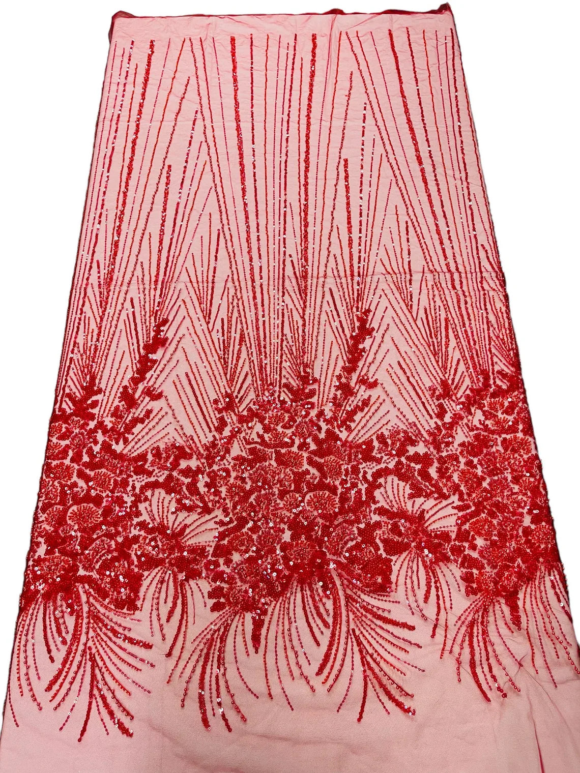 Beaded Floral Line Fabric - Red - Beaded Embroidered Lines and Flowers on Mesh By Yard