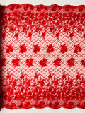 3D Floral Pearl Fabric - Red - 3D Triangle Flower Design on Mesh By Yard
