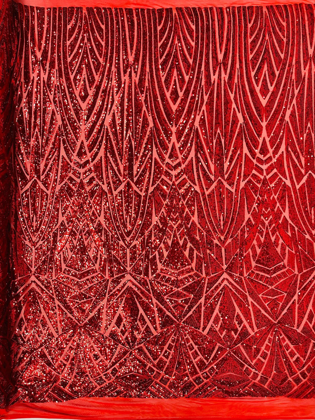 Geometric Fabric - Red - Geometric Sequins Pattern Design 4 Way Stretch Sold By Yard