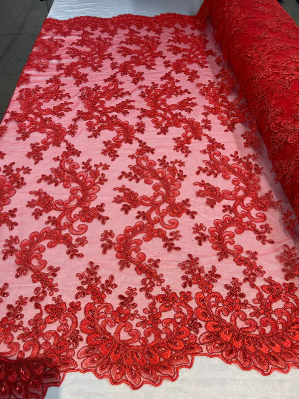 Lace Sequins Fabric - Corded Flower Embroidery Design Mesh Fabric - 25 Yard Roll