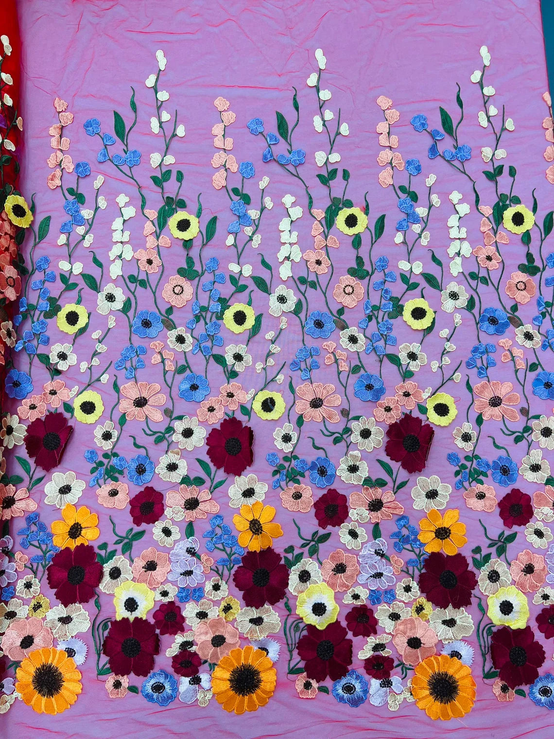 3D Floral and Leaves Embroidery - Red - Multi Color Flower Design on Mesh by Yard