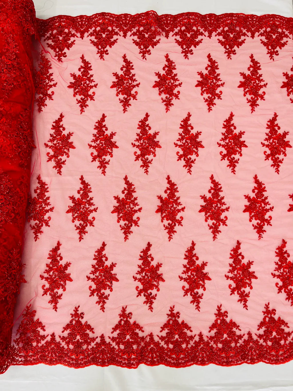Beaded Shiny Floral Cluster - Red - Embroidered Luxury Floral Design by Yard