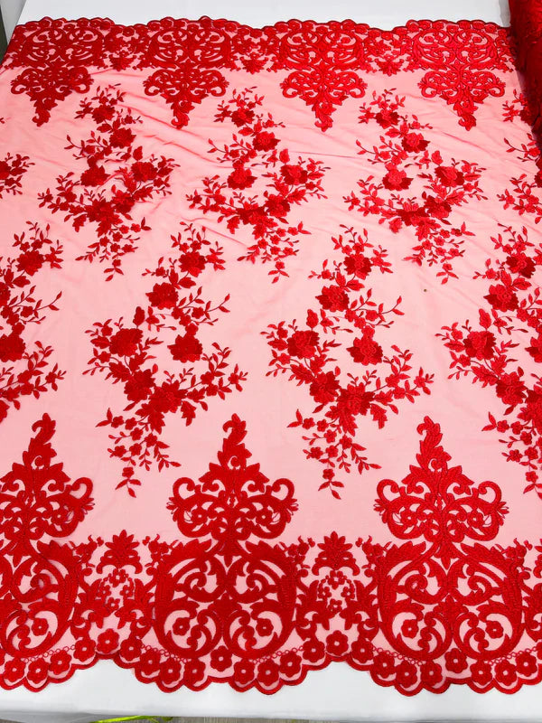 Damask Lace - Floral Damask Design Embroidered on Mesh Lace Fabric - 25 Yard Roll