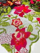 Floral Design Multi Color Red / Green Embroidered on Black Mesh Lace Fabric by Yard