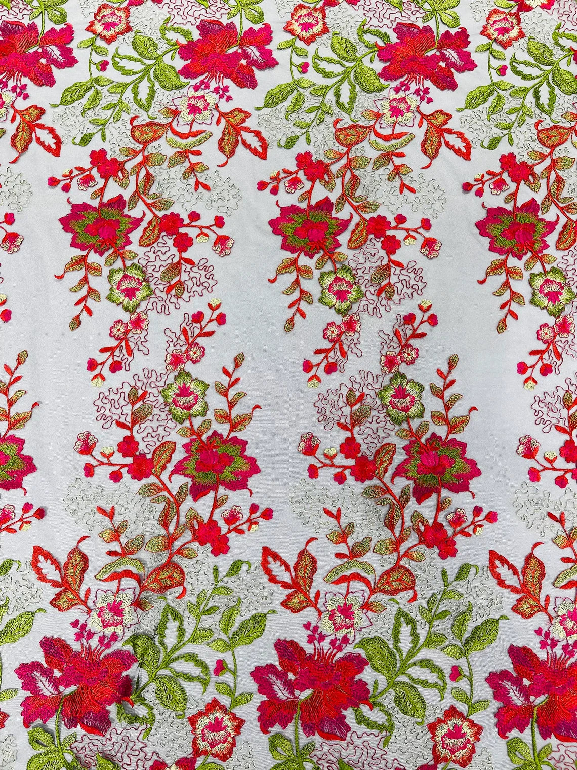 Floral Design Multi Color Red / Green Embroidered on Black Mesh Lace Fabric by Yard