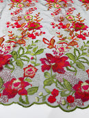 Floral Design Multi Color Red / Green Embroidered on Black Mesh Lace Fabric by Yard