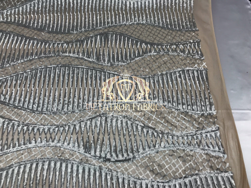 4 Way Stretch - Silver  - Horizontal Line Design Sequins On Stretch Mesh By The Yard