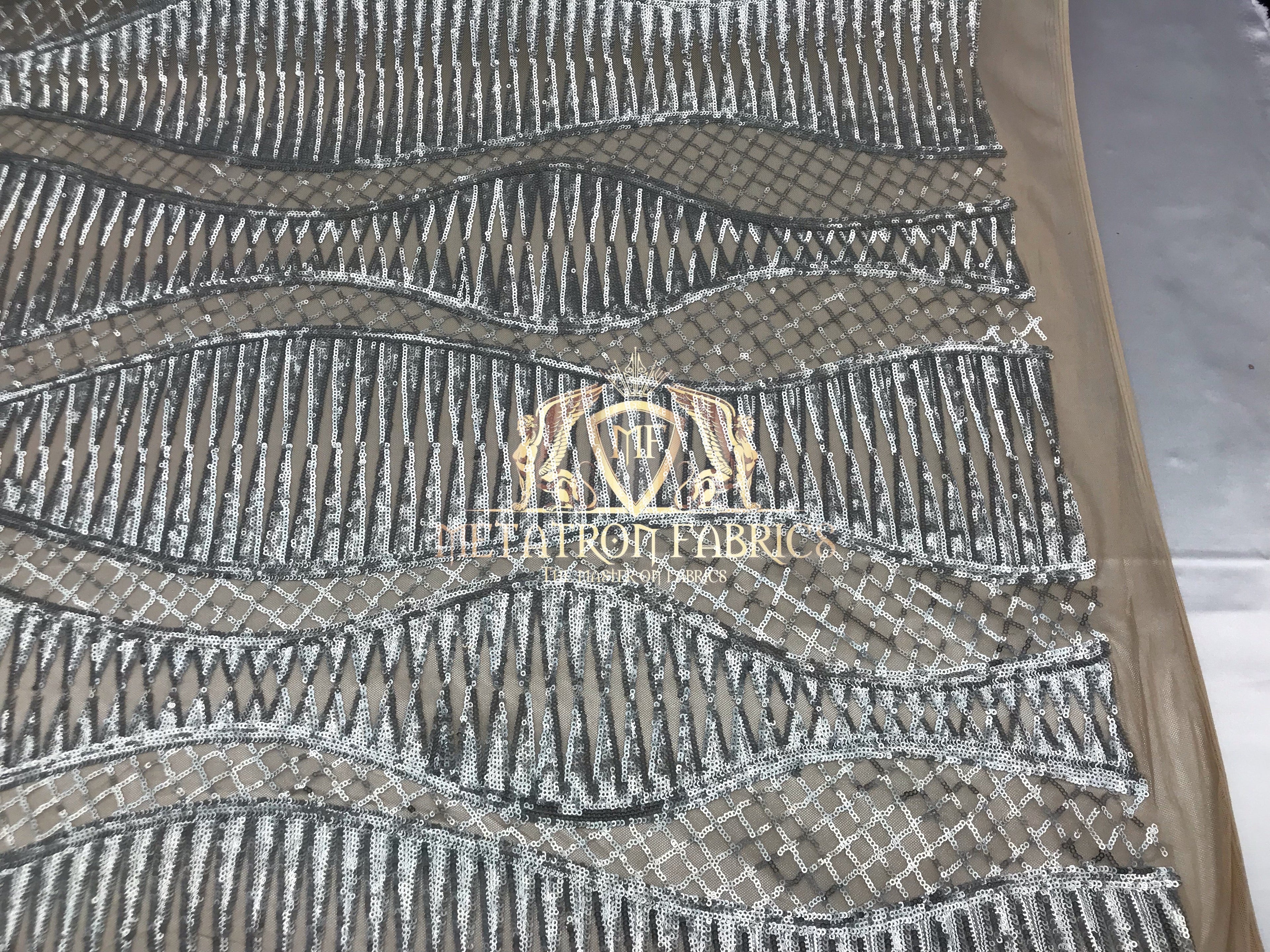 4 Way Stretch - Silver  - Horizontal Line Design Sequins On Stretch Mesh By The Yard