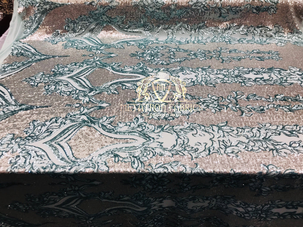 4 Way Stretch - Silver and Teal - Two Tone Flower Design Sequins On Stretch Mesh By The Yard