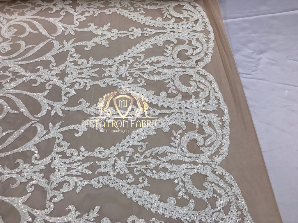 4 Way Stretch - White - Sequins Damask Design Fabric Embroidered On Mesh Sold By The Yard