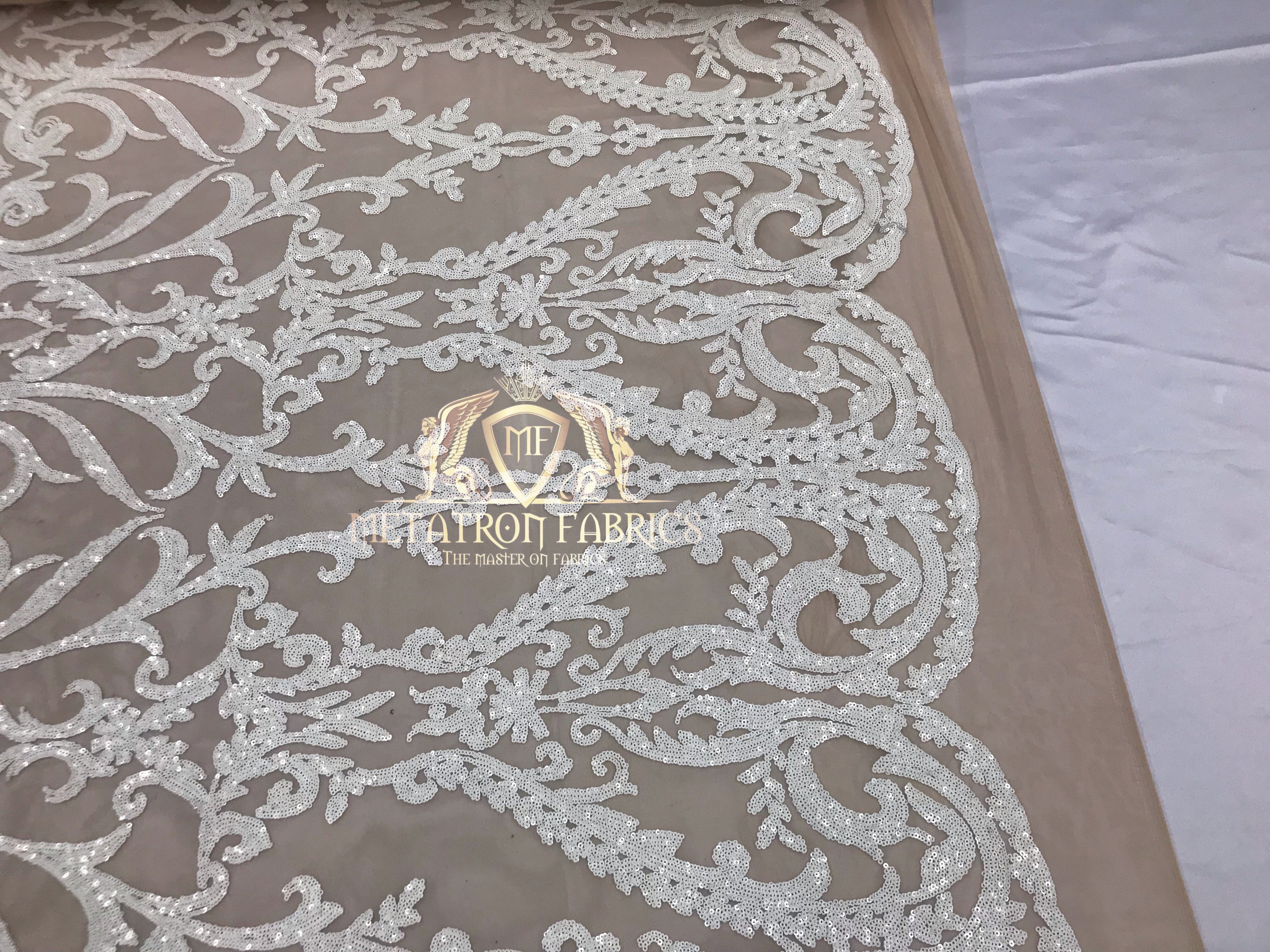 4 Way Stretch - White - Sequins Damask Design Fabric Embroidered On Mesh Sold By The Yard