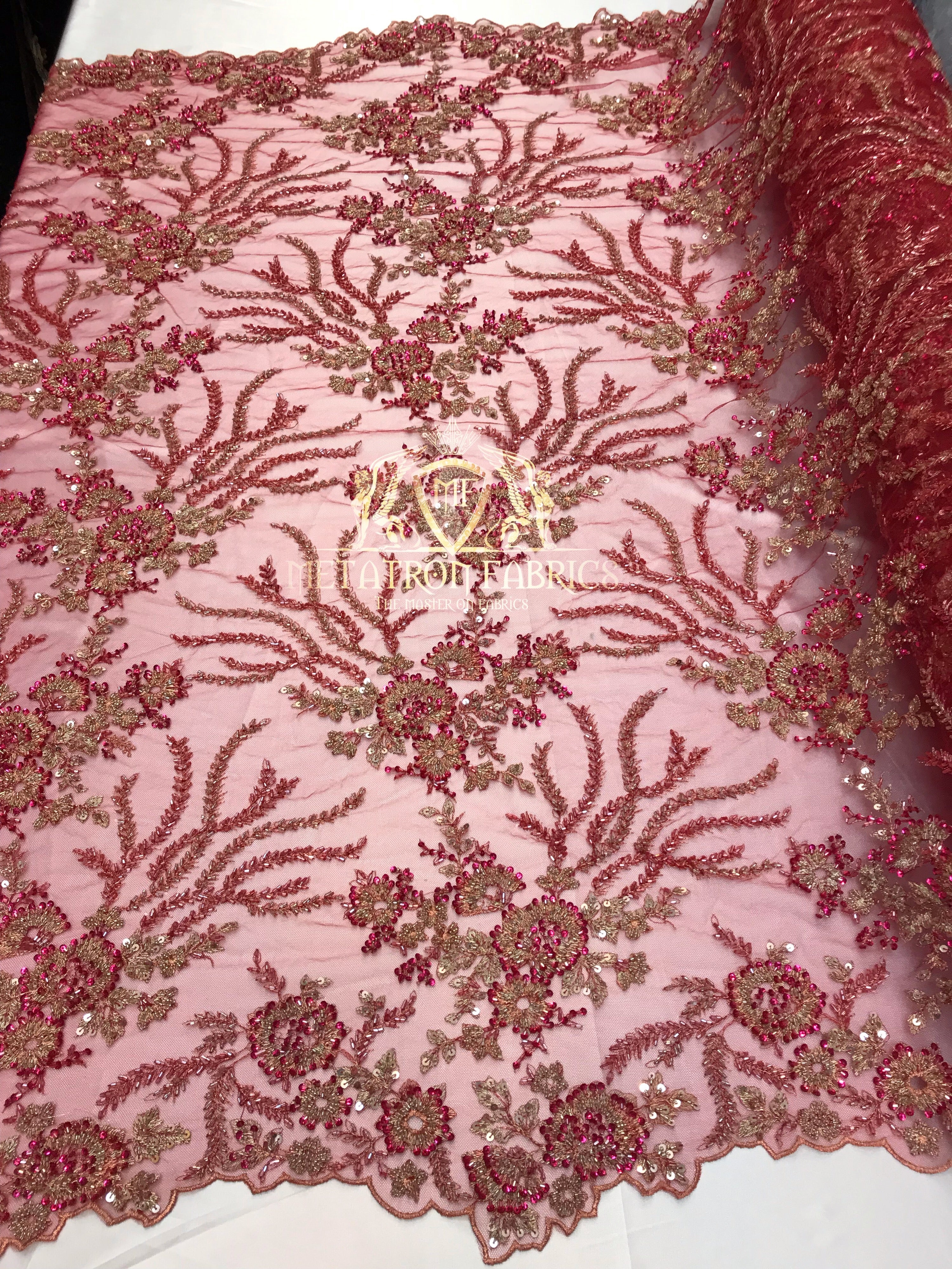 Beaded - Fuschia - Fancy Flower Design Sequins Fabric with Beads Sold By The Yard