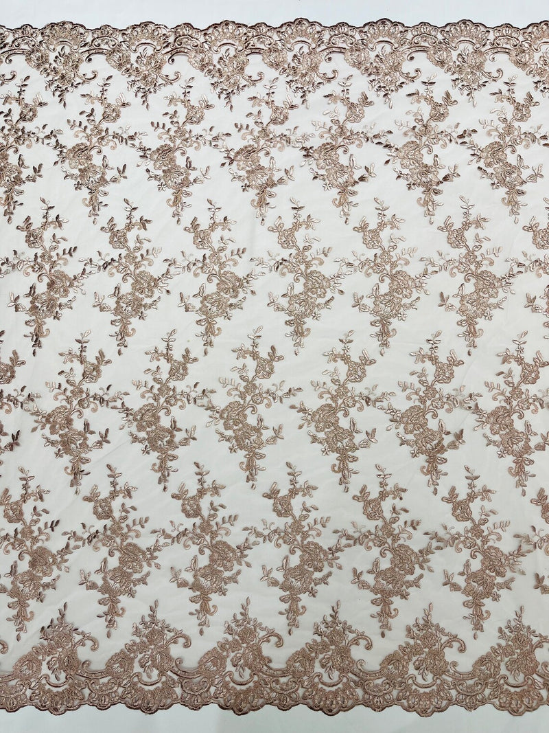 Floral Plant Lace Fabric - Rosa Palo - Embroidery Flower Small Leaf Design Lace Fabric Sold By Yard