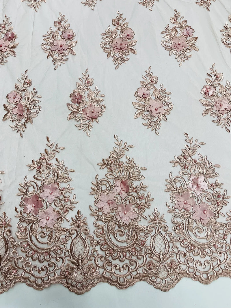 3D Fancy Floral Design Fabric - Rosa Palo - 3D Flower Fabric with Small Beads on Lace Sold By Yard