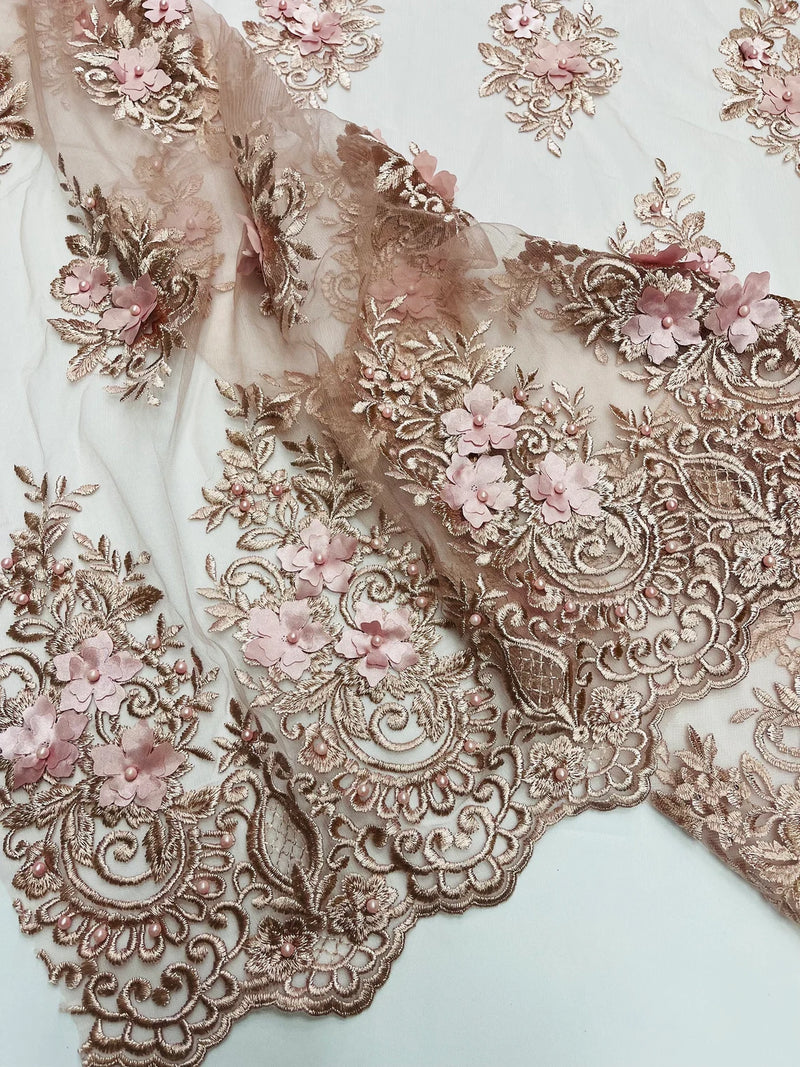 3D Fancy Floral Design Fabric - Rosa Palo - 3D Flower Fabric with Small Beads on Lace Sold By Yard