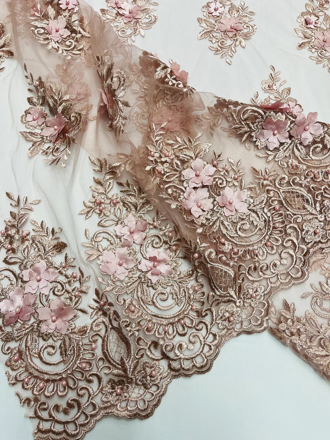 3D Fancy Floral Design Fabric - Rosa Palo - 3D Flower Fabric with Small Beads on Lace Sold By Yard