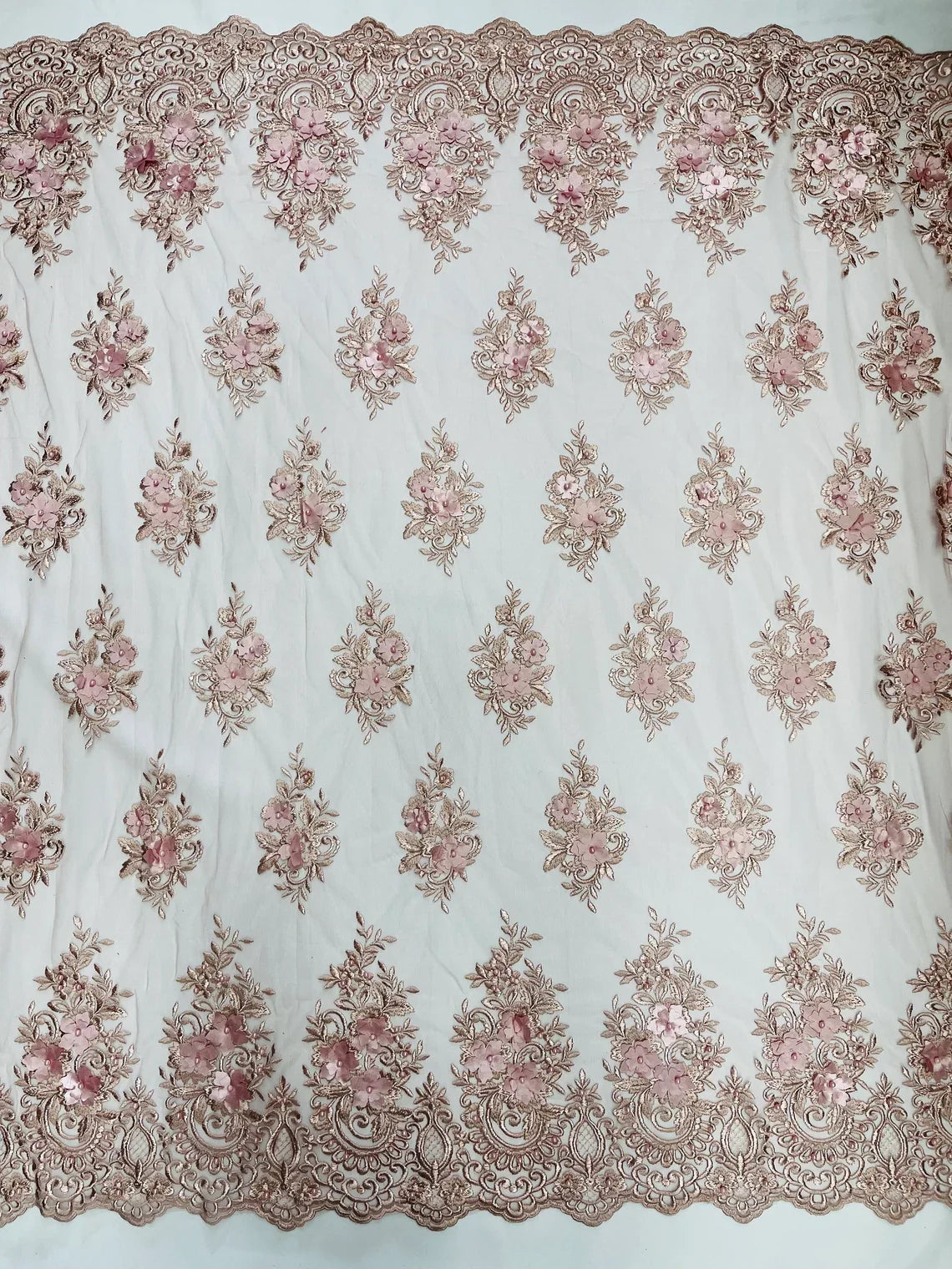 3D Fancy Floral Design Fabric - Rosa Palo - 3D Flower Fabric with Small Beads on Lace Sold By Yard