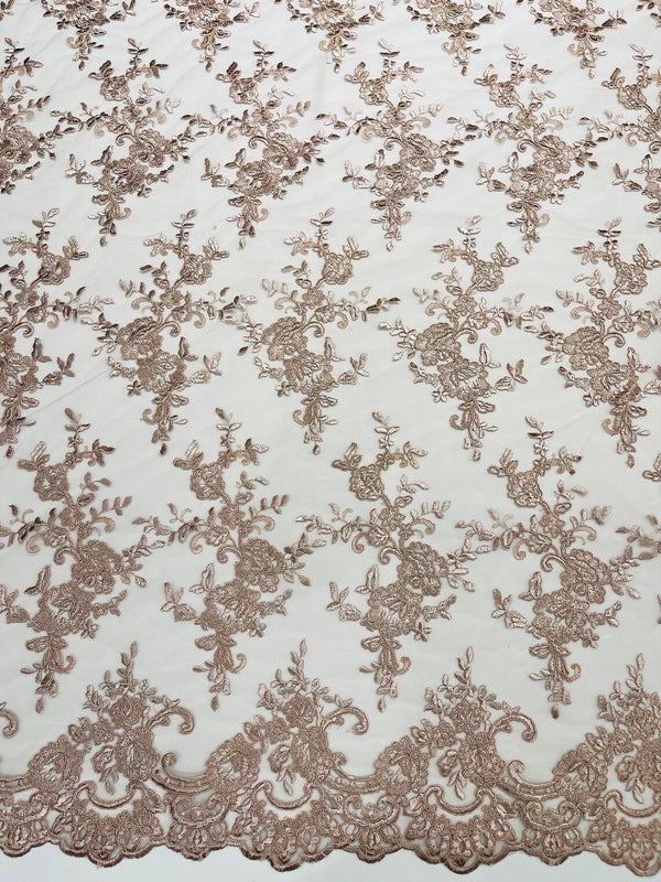 Floral Plant Lace Fabric - Rosa Palo - Embroidery Flower Small Leaf Design Lace Fabric Sold By Yard