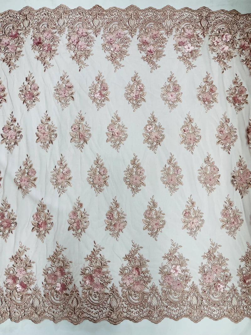 3D Fancy Floral Design Fabric - Rosa Palo - 3D Flower Fabric with Small Beads on Lace Sold By Yard