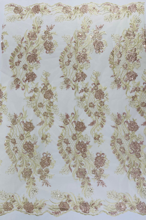 Corded Lace Sequins Fabric - Rose / Beige - Embroidered Fancy Flower and Fish Design Sold By Yard