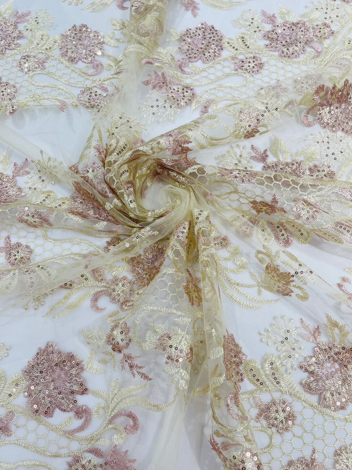 Corded Lace Sequins Fabric - Rose / Beige - Embroidered Fancy Flower and Fish Design Sold By Yard